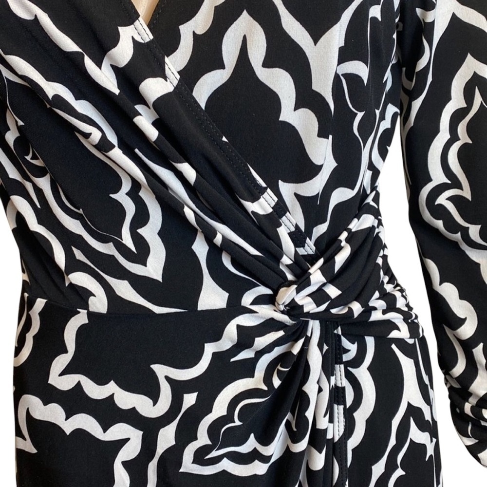 White House Black Market | Black and White Patterned Faux Wrap Mini Dress - Picture 7 of 8